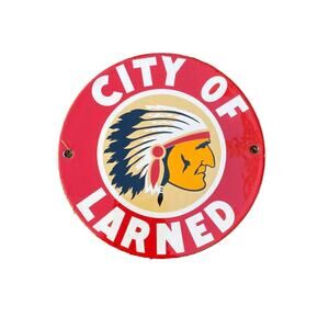VINTAGE CITY OF LARNED INDIAN CHIEF 6" PORCELAIN METAL ENAMEL GASOLINE OIL SIGN